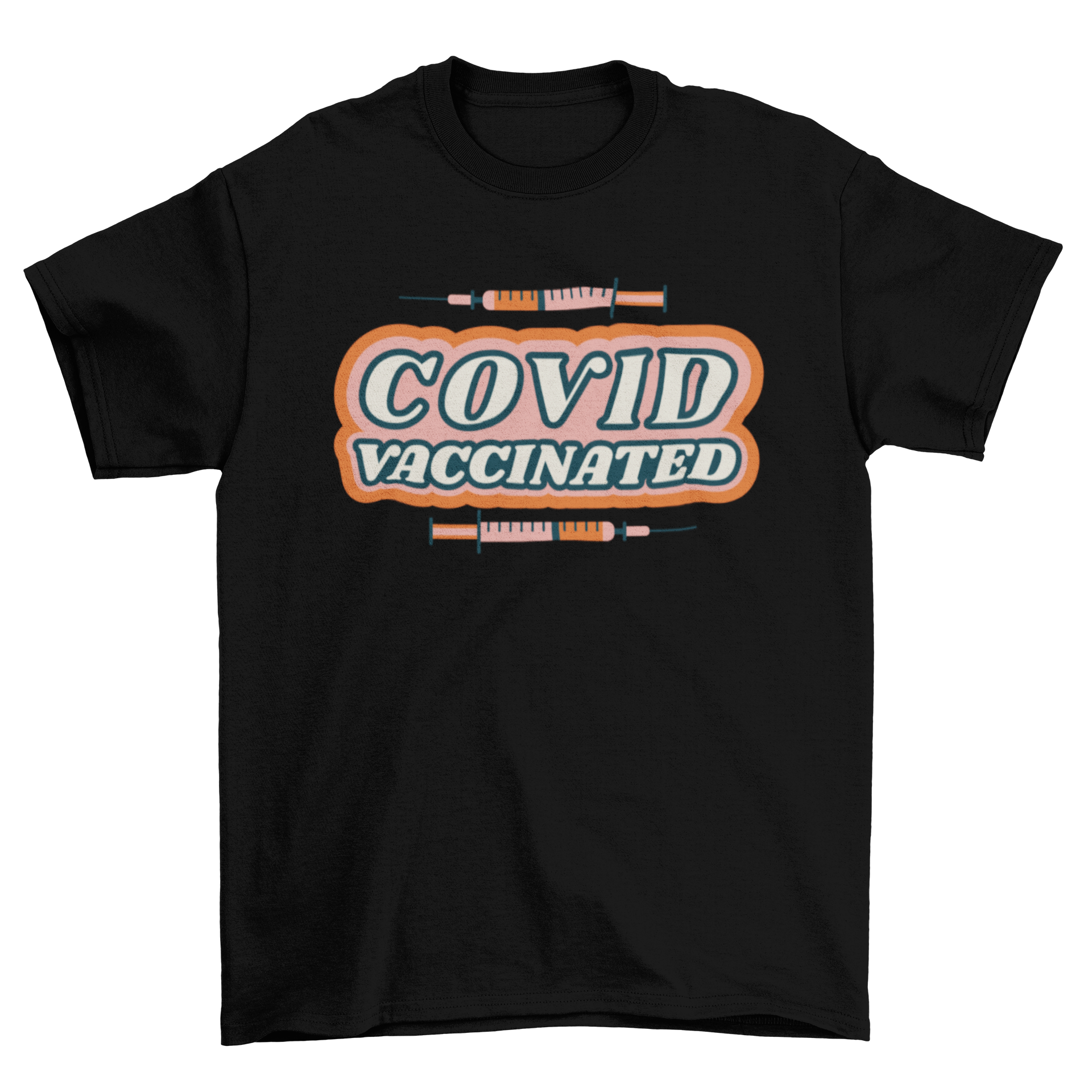 Stylish t-shirt design featuring two vaccine shots and the quote 'Covid vaccinated', perfect for expressing vaccination pride.