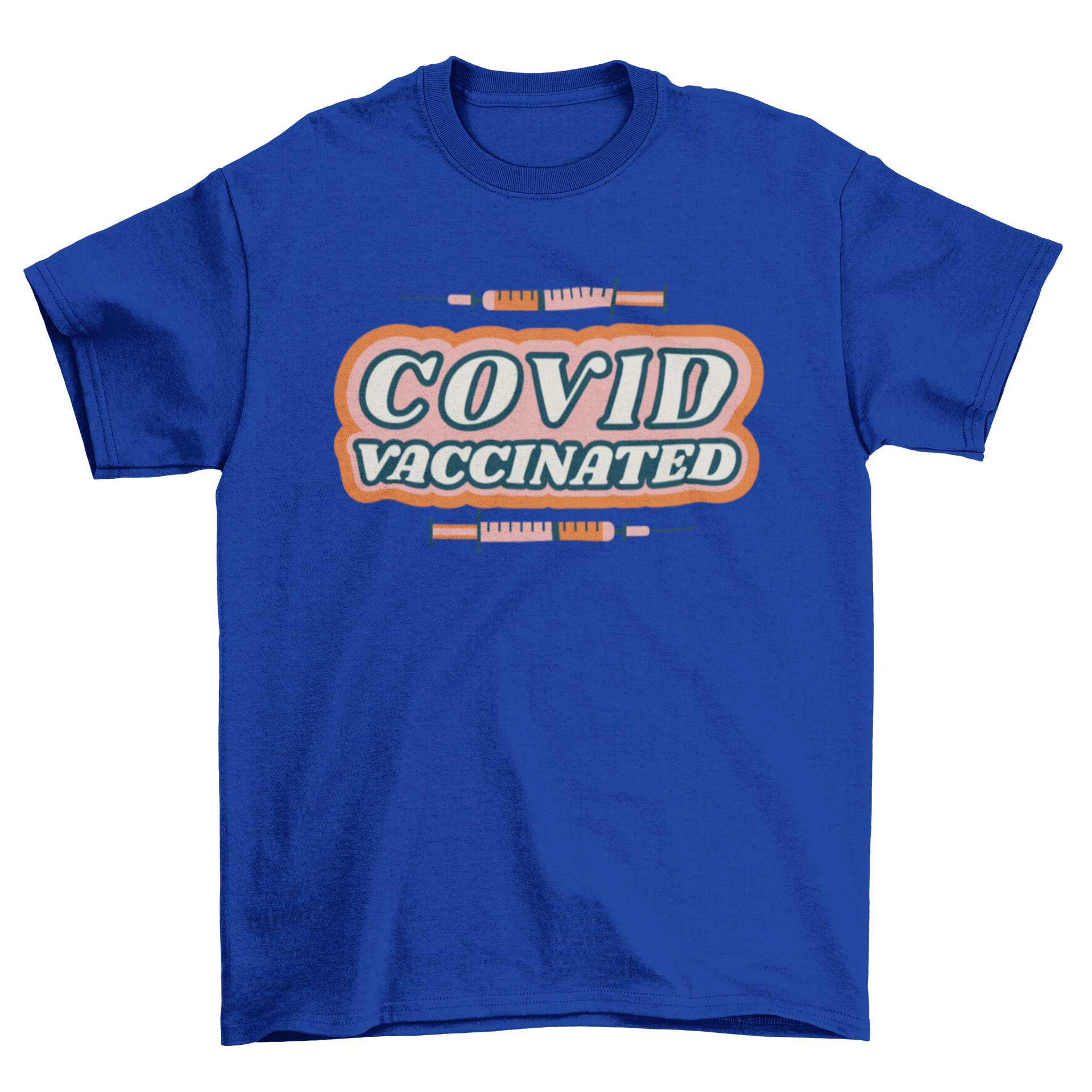Stylish t-shirt design featuring two vaccine shots and the quote 'Covid vaccinated', perfect for expressing vaccination pride.