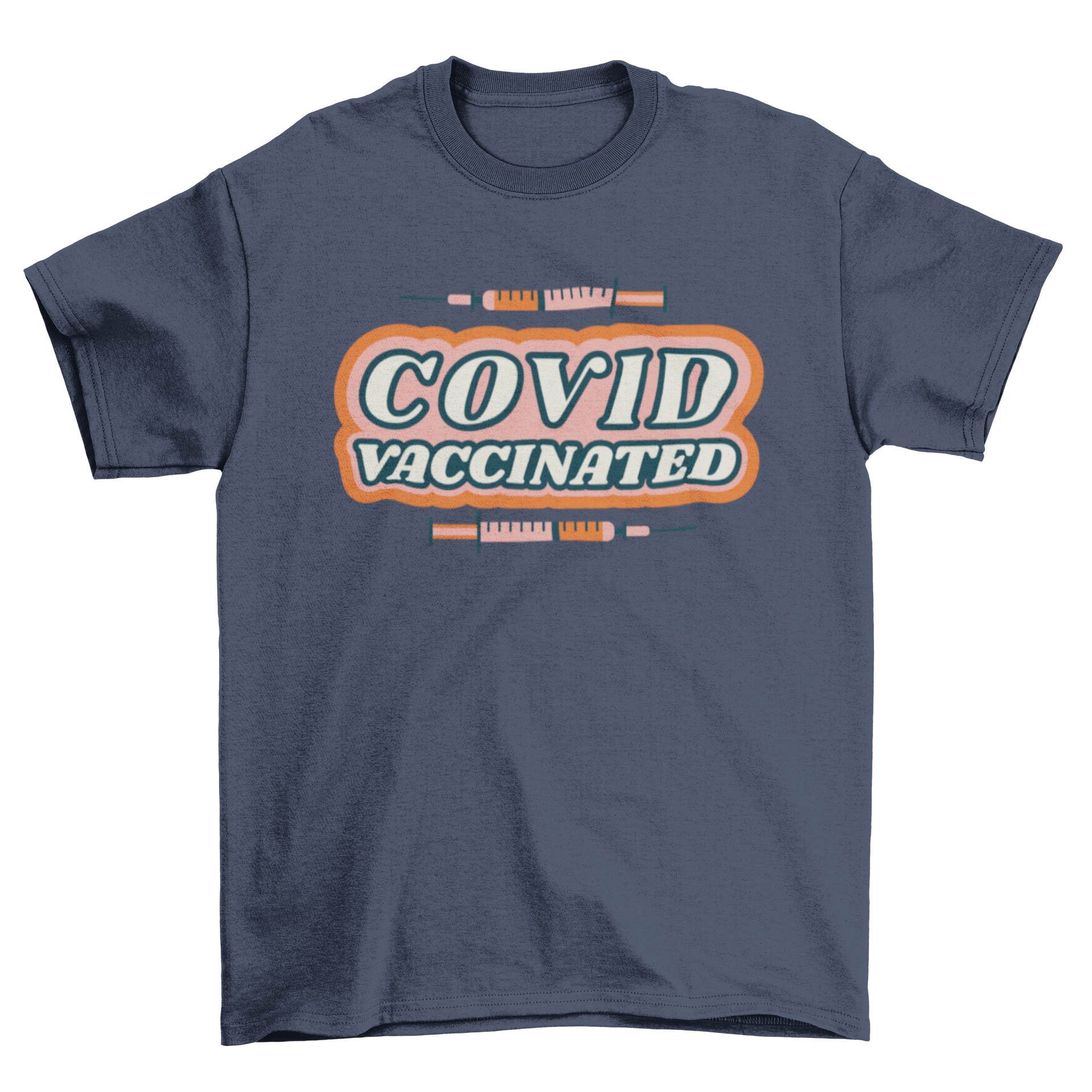 Stylish t-shirt design featuring two vaccine shots and the quote 'Covid vaccinated', perfect for expressing vaccination pride.