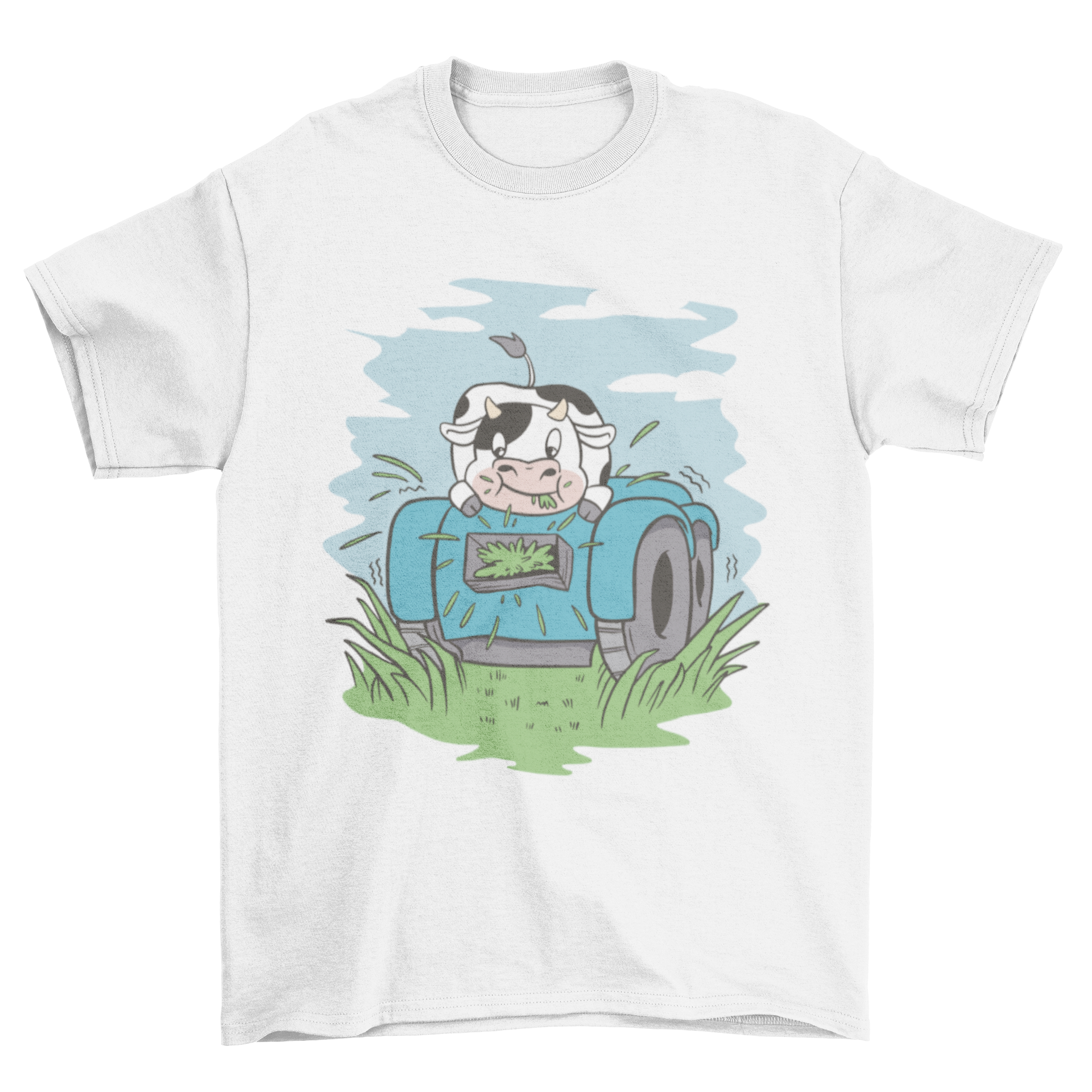 A playful t-shirt design featuring a cow riding a lawn mower while eating grass, showcasing a fun and quirky style.
