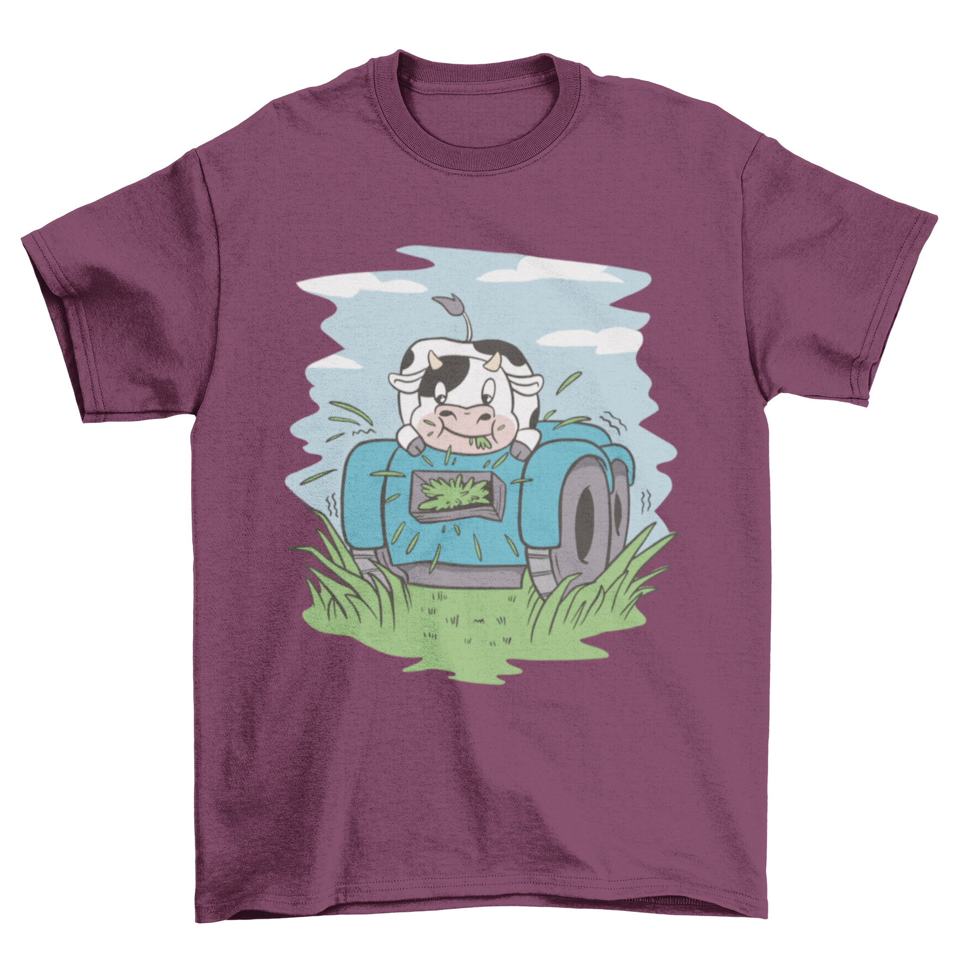 A playful t-shirt design featuring a cow riding a lawn mower while eating grass, showcasing a fun and quirky style.