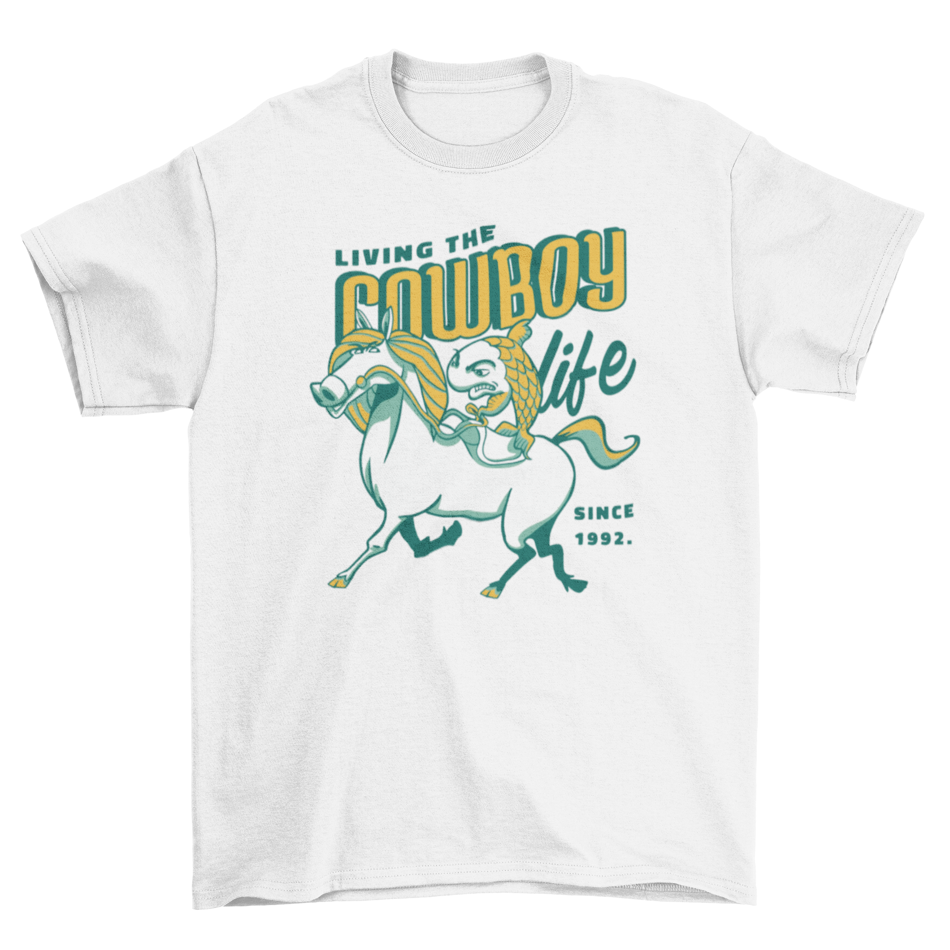 Cartoon cowboy riding a horse.