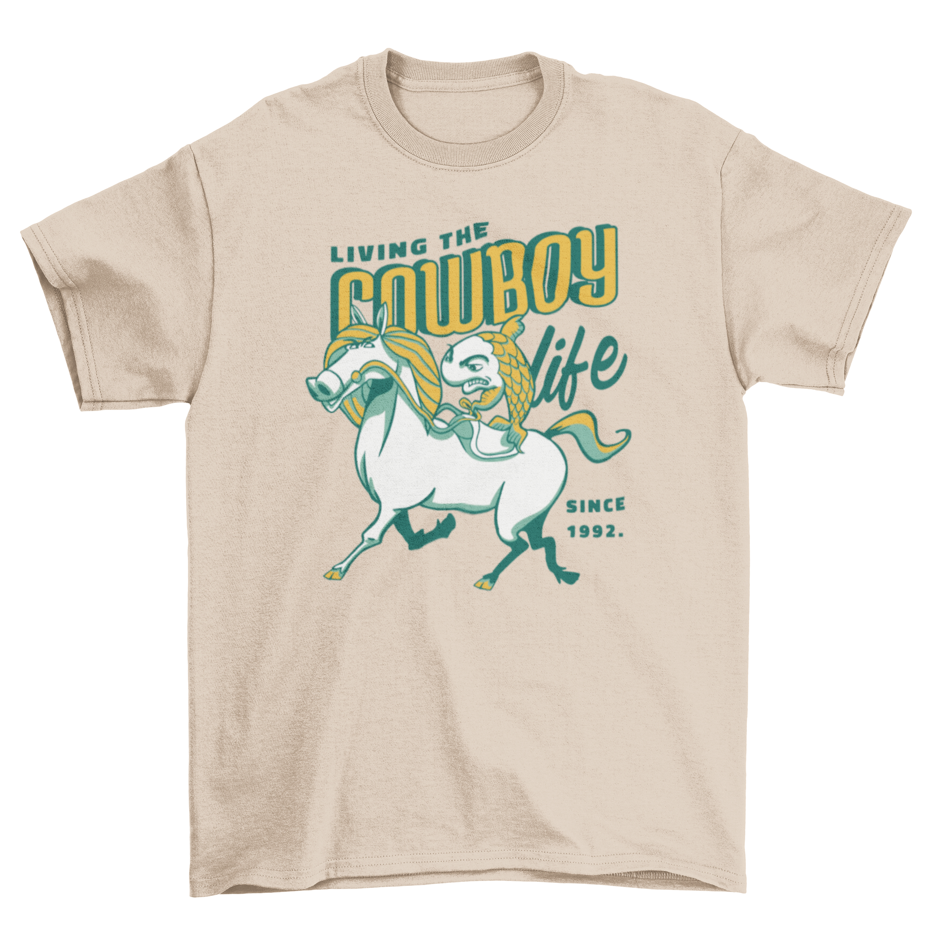 Cartoon cowboy riding a horse.