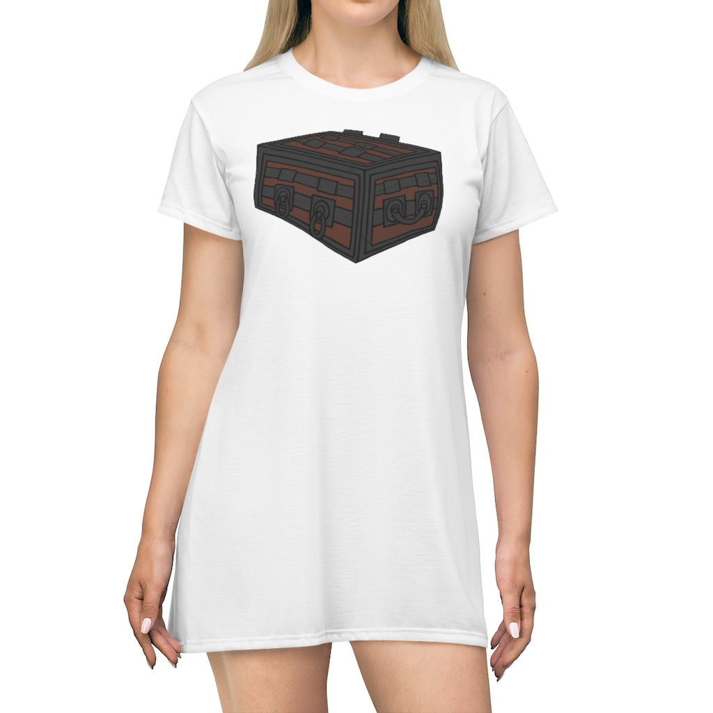 A stylish Crate All Over Print T-Shirt Dress featuring vibrant patterns and a comfortable fit, perfect for casual outings.