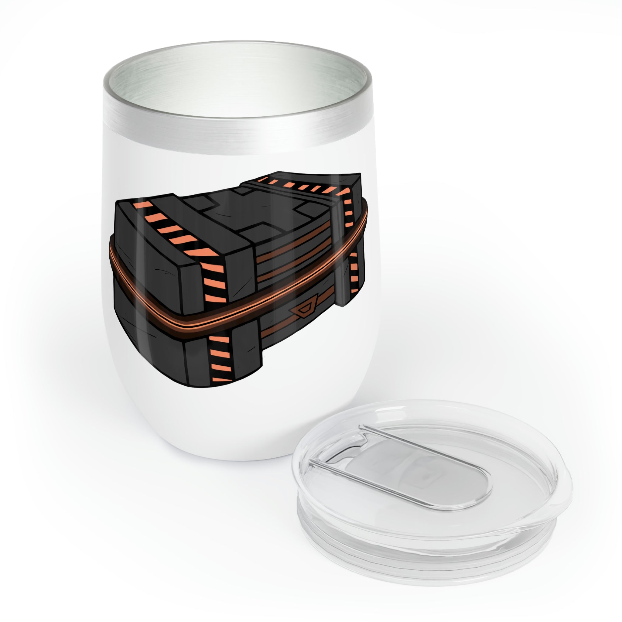 A stylish Crate Chill Wine Tumbler in stainless steel, showcasing its double-insulated design and customizable features.