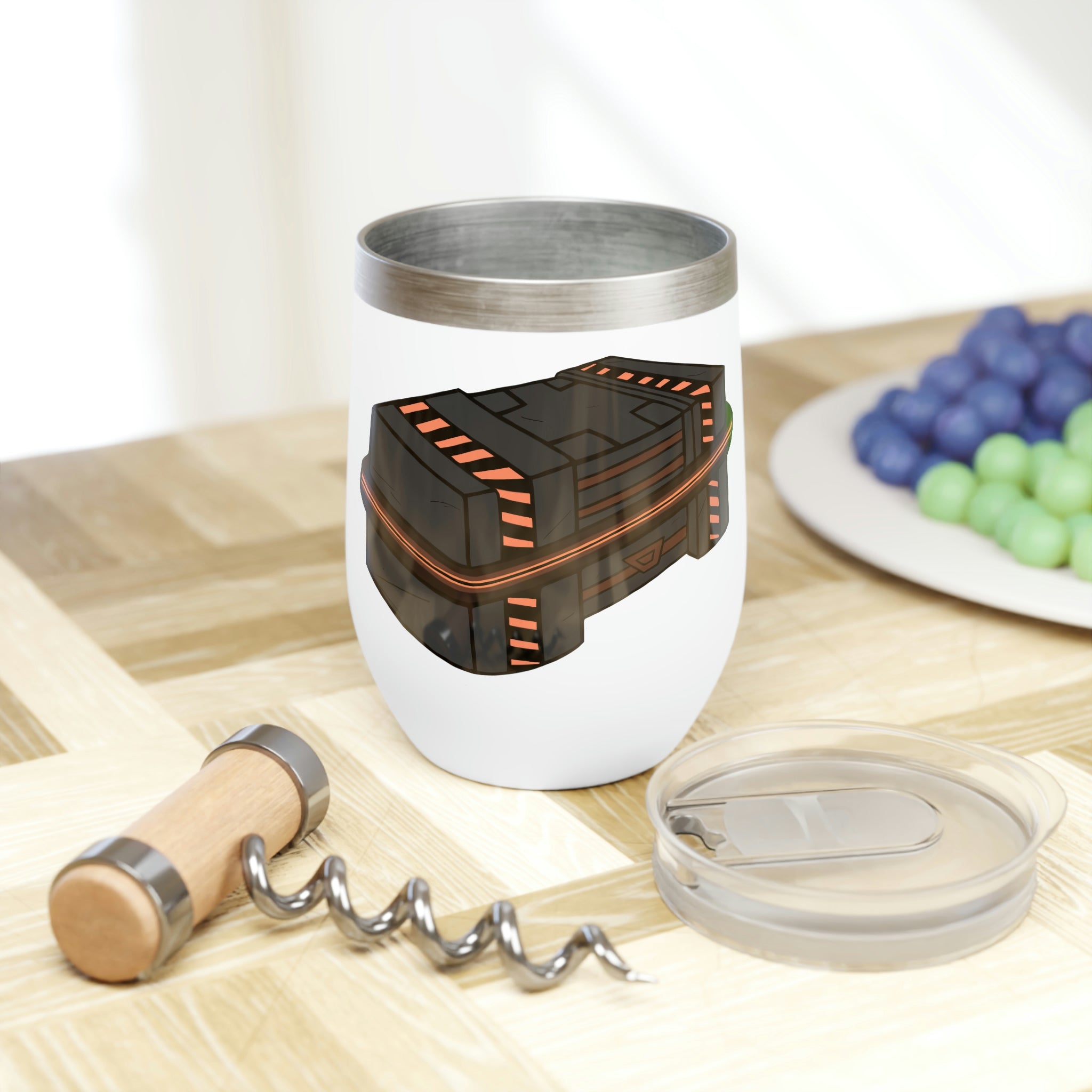 A stylish Crate Chill Wine Tumbler in stainless steel, showcasing its double-insulated design and customizable features.