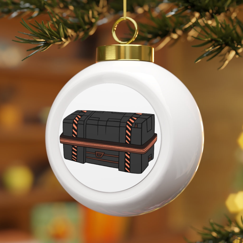 A beautifully crafted 3-inch ceramic Christmas ball ornament with a glossy finish, featuring a gold ribbon for hanging and a vintage design.