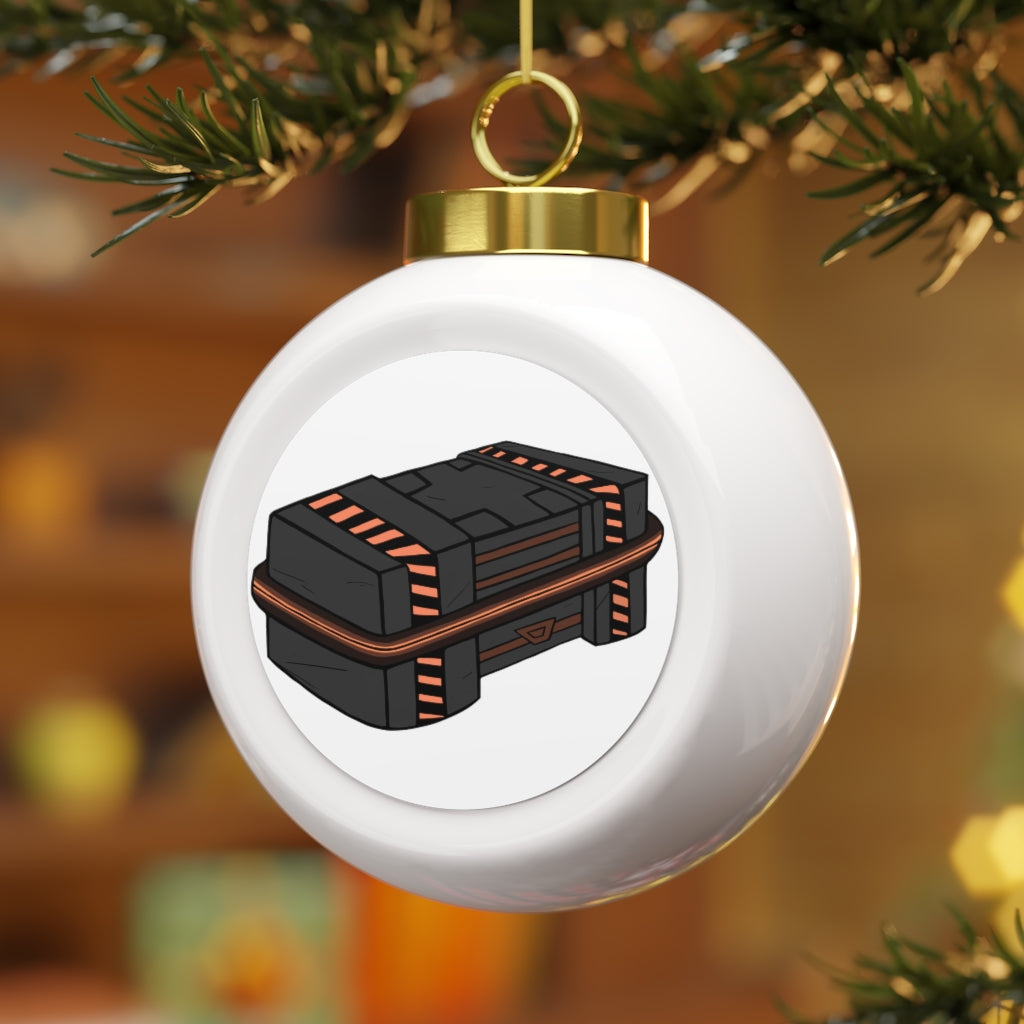 A personalized 3-inch ceramic Christmas ball ornament with a glossy finish, featuring a gold ribbon for hanging and a vintage design.