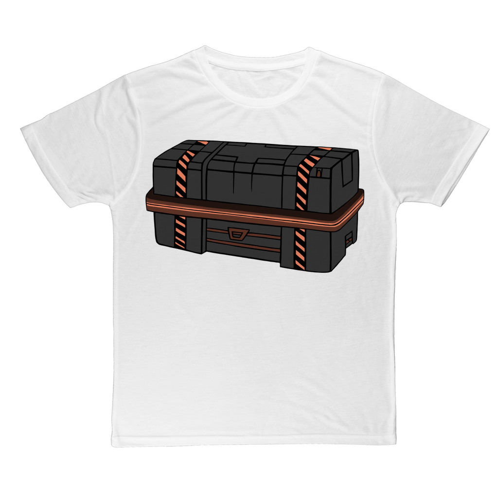 T-shirt with supply crate graphic.