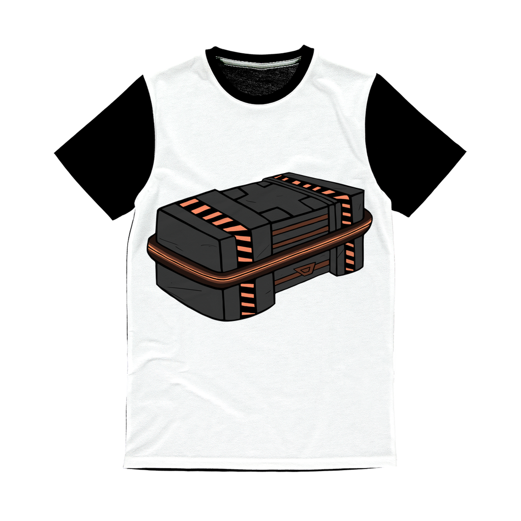 Crate Classic Sublimation Panel T-Shirt featuring a vibrant front design and a plain black back, ideal for sublimation printing.