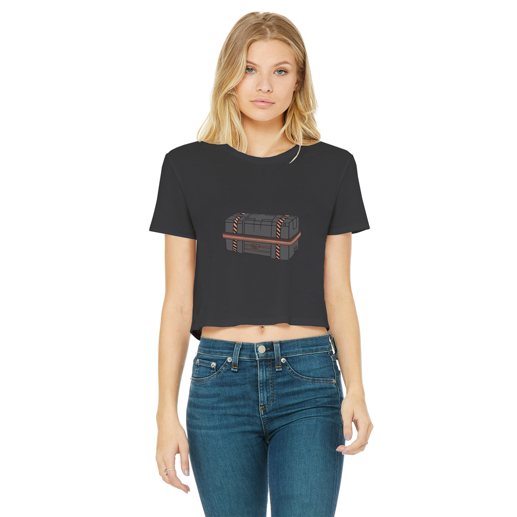 A stylish Crate Classic Women's Cropped Raw Edge T-Shirt featuring a round neck, short sleeves, and a raw edge cut hem, made from soft cotton.