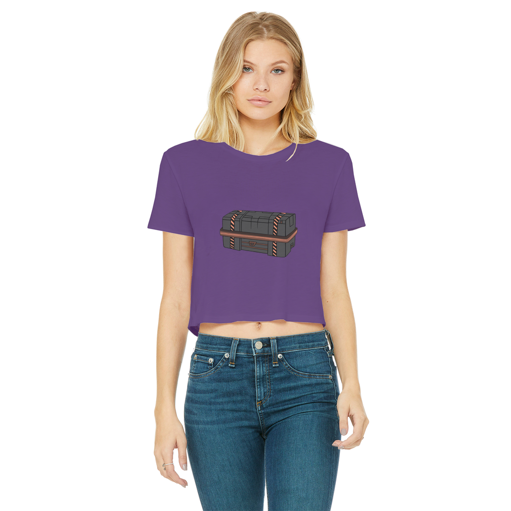 A stylish Crate Classic Women's Cropped Raw Edge T-Shirt featuring a round neck, short sleeves, and a raw edge cut hem, made from soft cotton.