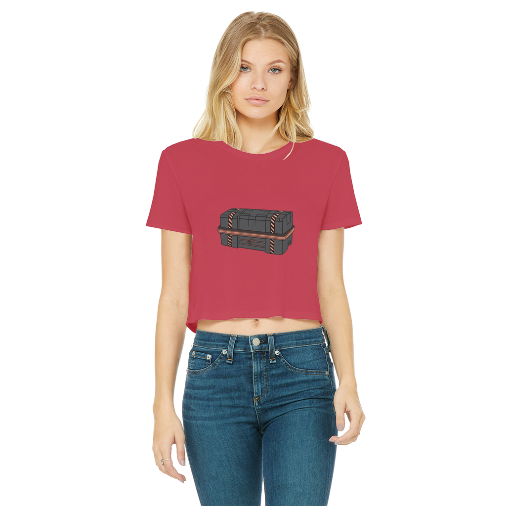 A stylish Crate Classic Women's Cropped Raw Edge T-Shirt featuring a round neck, short sleeves, and a raw edge cut hem, made from soft cotton.