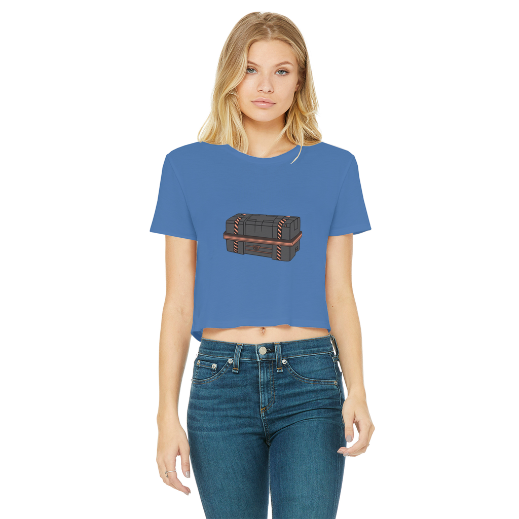 A stylish Crate Classic Women's Cropped Raw Edge T-Shirt featuring a round neck, short sleeves, and a raw edge cut hem, made from soft cotton.