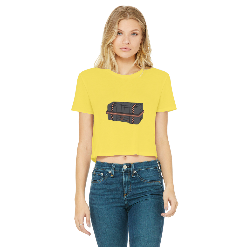 A stylish Crate Classic Women's Cropped Raw Edge T-Shirt featuring a round neck, short sleeves, and a raw edge cut hem, made from soft cotton.