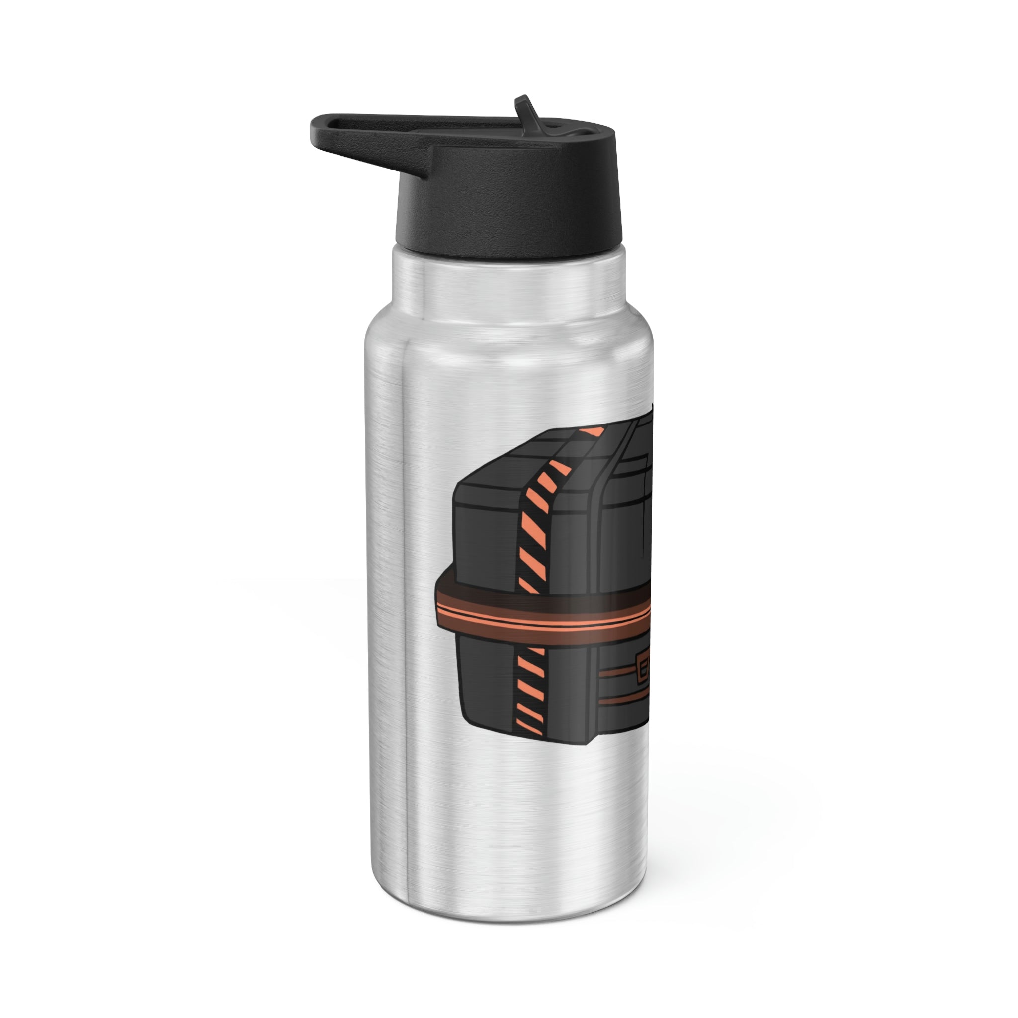 Crate Gator Tumbler in stainless steel with a black screw-on cap and plastic straw, showcasing a customizable design.