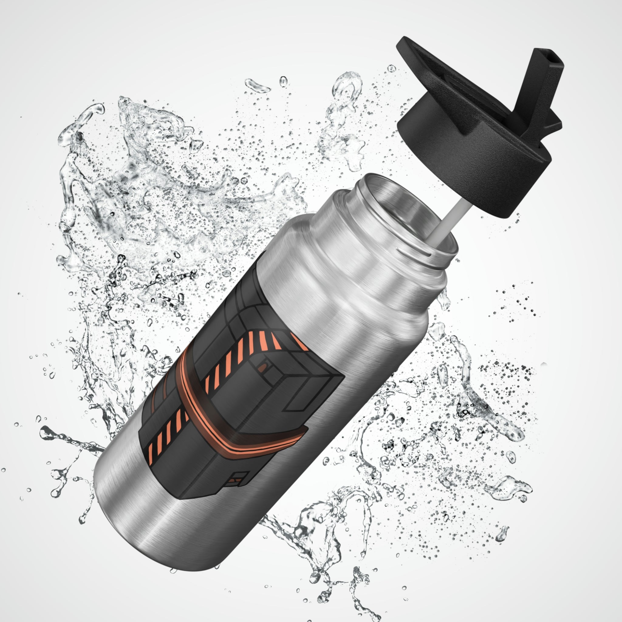 Crate Gator Tumbler in stainless steel with a black screw-on cap and plastic straw, showcasing a customizable design.