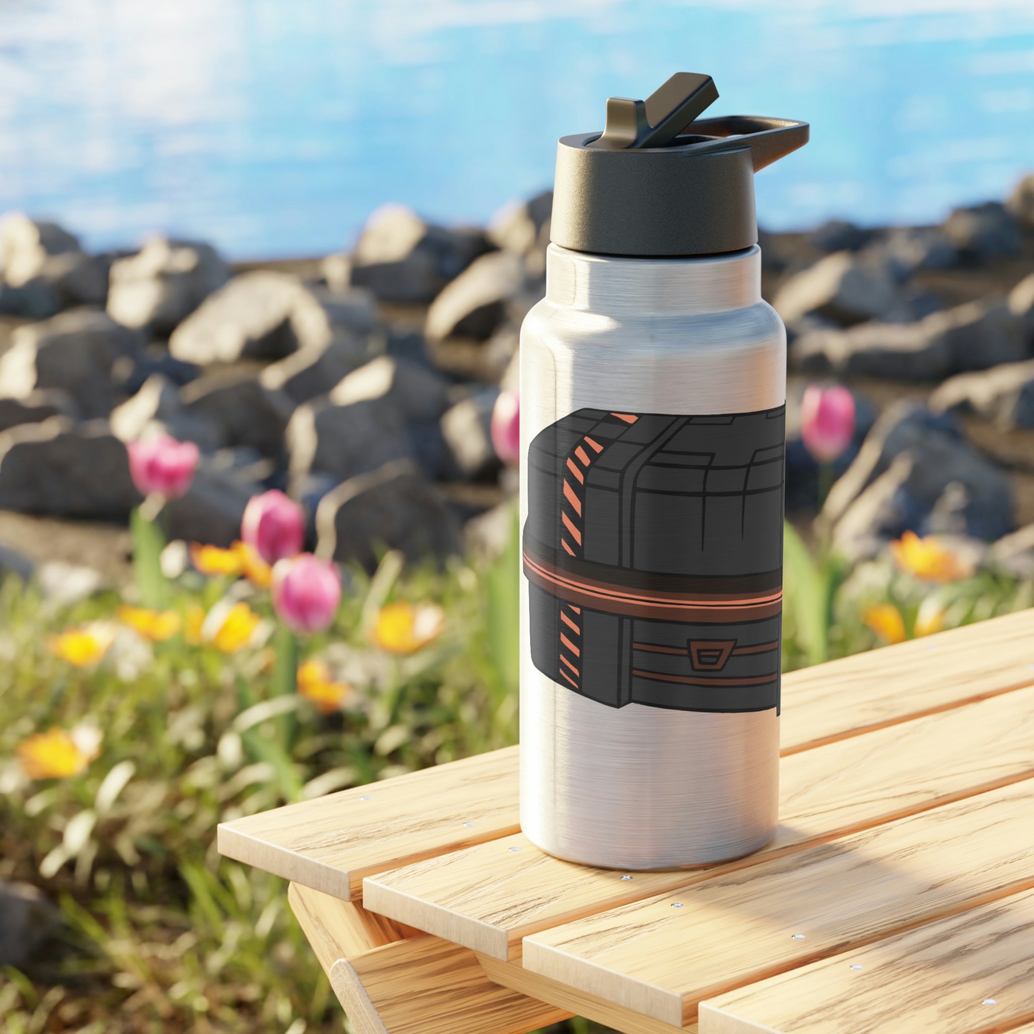 Crate Gator Tumbler in stainless steel with a black screw-on cap and plastic straw, showcasing a customizable design.