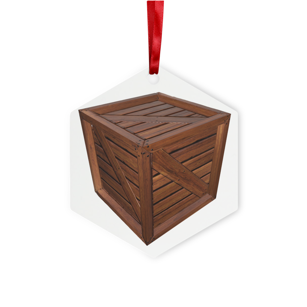 Crate Metal Hanging Ornament in hexagon and star shapes with red ribbon and gold string, elegantly displayed in a white gift box.