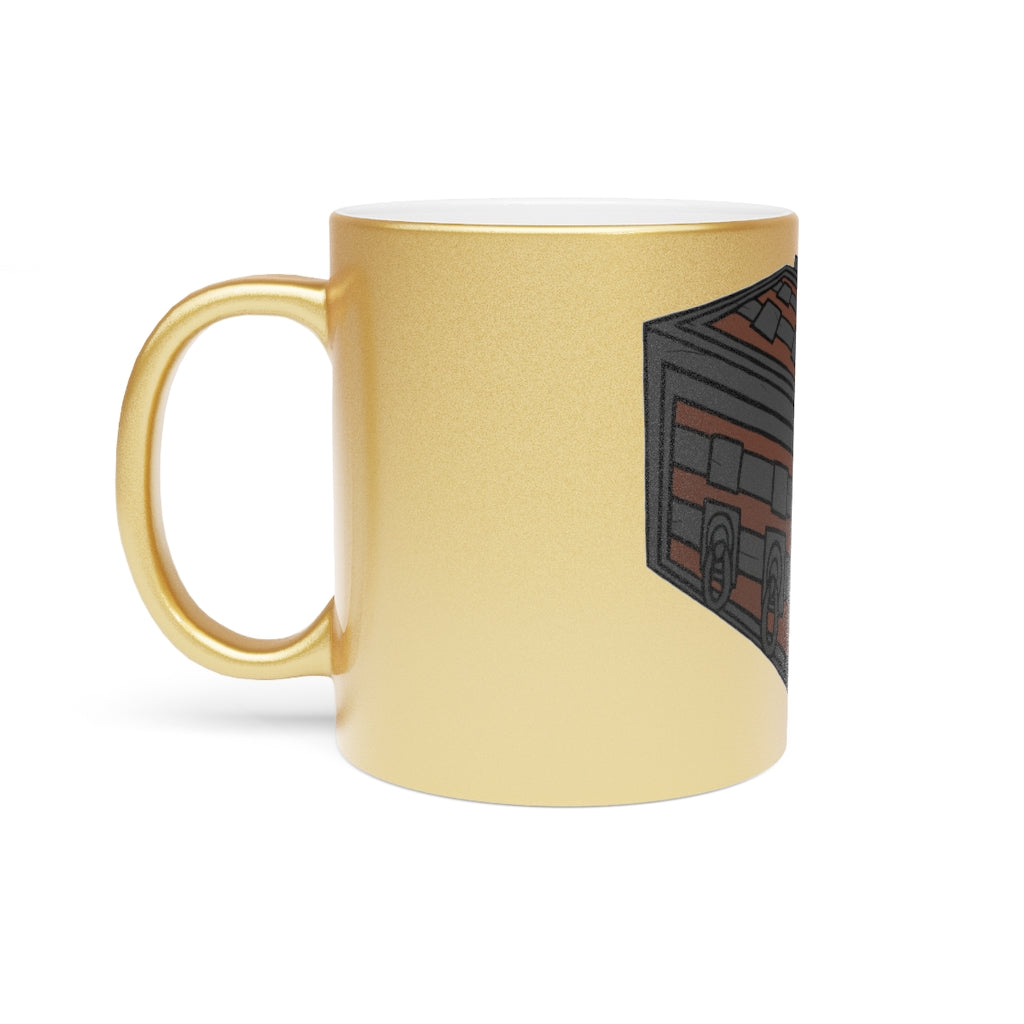 A stylish Crate Metallic Mug in Silver and Gold, showcasing personalized designs on a ceramic surface with a C-handle.