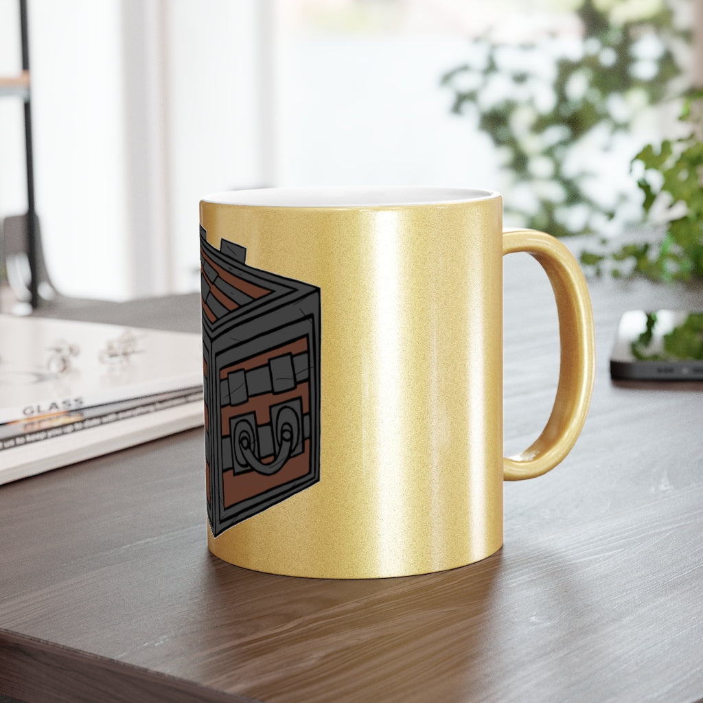 A stylish Crate Metallic Mug in Silver and Gold, showcasing personalized designs on a ceramic surface with a C-handle.
