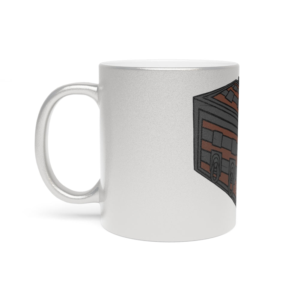 A stylish Crate Metallic Mug in Silver and Gold, showcasing personalized designs on a ceramic surface with a C-handle.