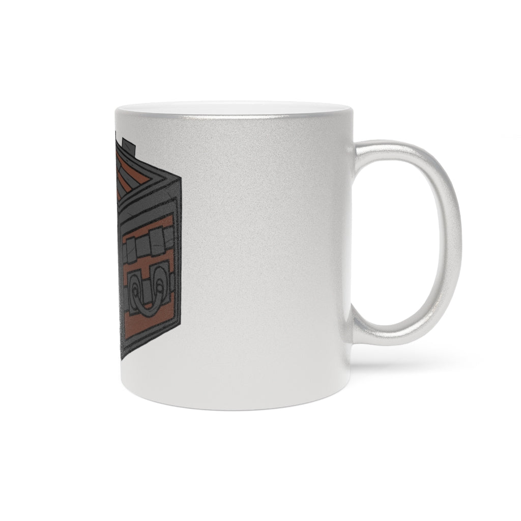 A stylish Crate Metallic Mug in Silver and Gold, showcasing personalized designs on a ceramic surface with a C-handle.