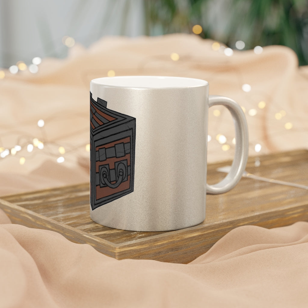 A stylish Crate Metallic Mug in Silver and Gold, showcasing personalized designs on a ceramic surface with a C-handle.