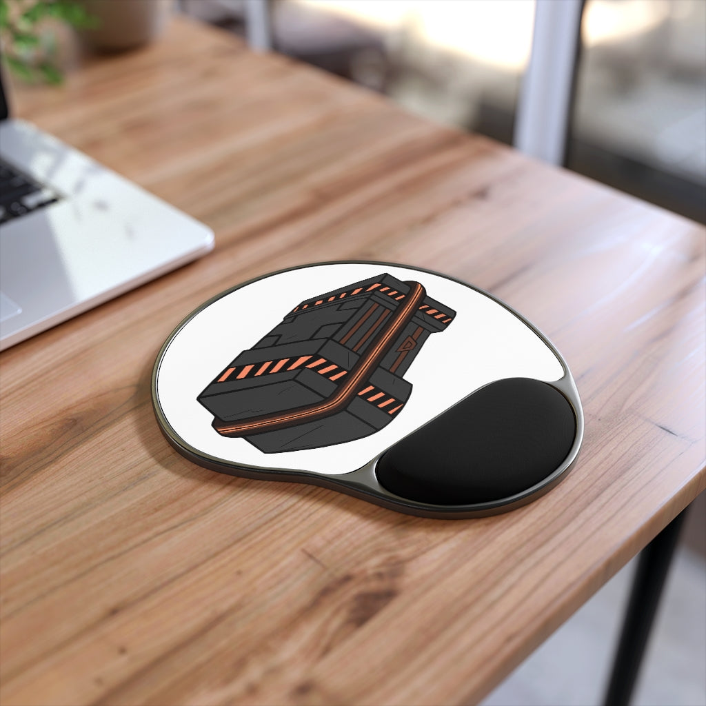 Crate Mouse Pad with ergonomic Memory Foam wrist rest and customizable neoprene insert, featuring a foot-shaped black plastic base.