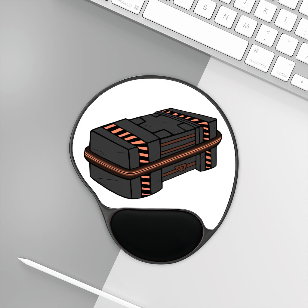 Crate Mouse Pad with ergonomic Memory Foam wrist rest and customizable neoprene insert, featuring a foot-shaped black plastic base.