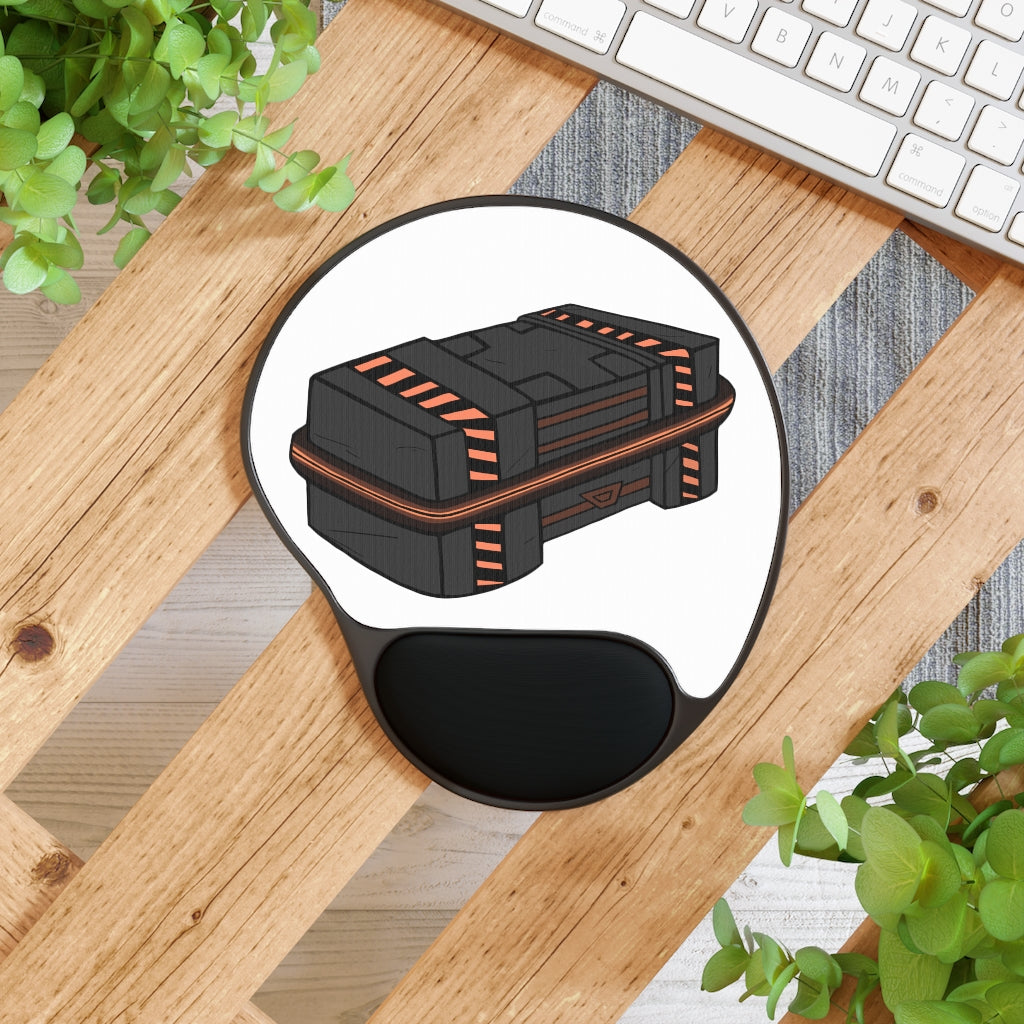 Crate Mouse Pad with ergonomic Memory Foam wrist rest and customizable neoprene insert, featuring a foot-shaped black plastic base.