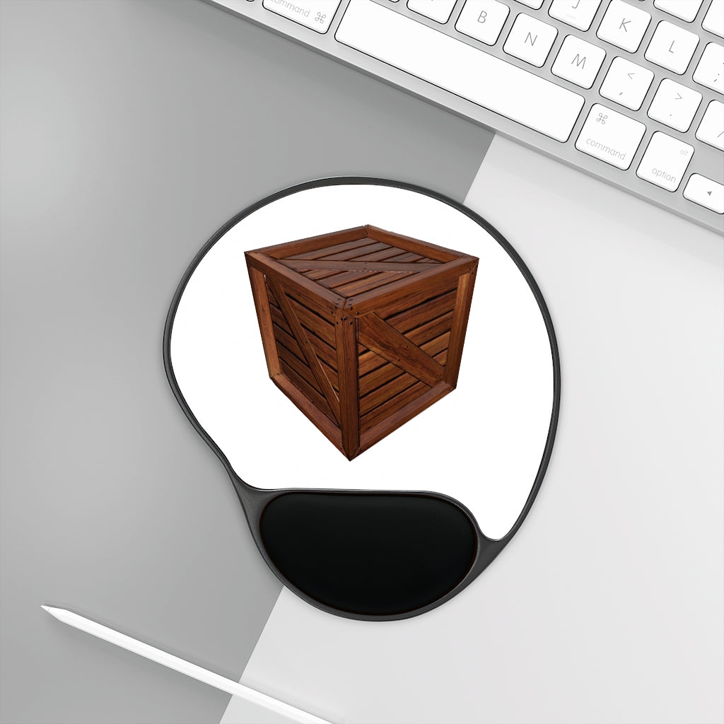 Crate Mouse Pad with ergonomic Memory Foam wrist rest and customizable neoprene insert, featuring a foot-shaped black plastic base.