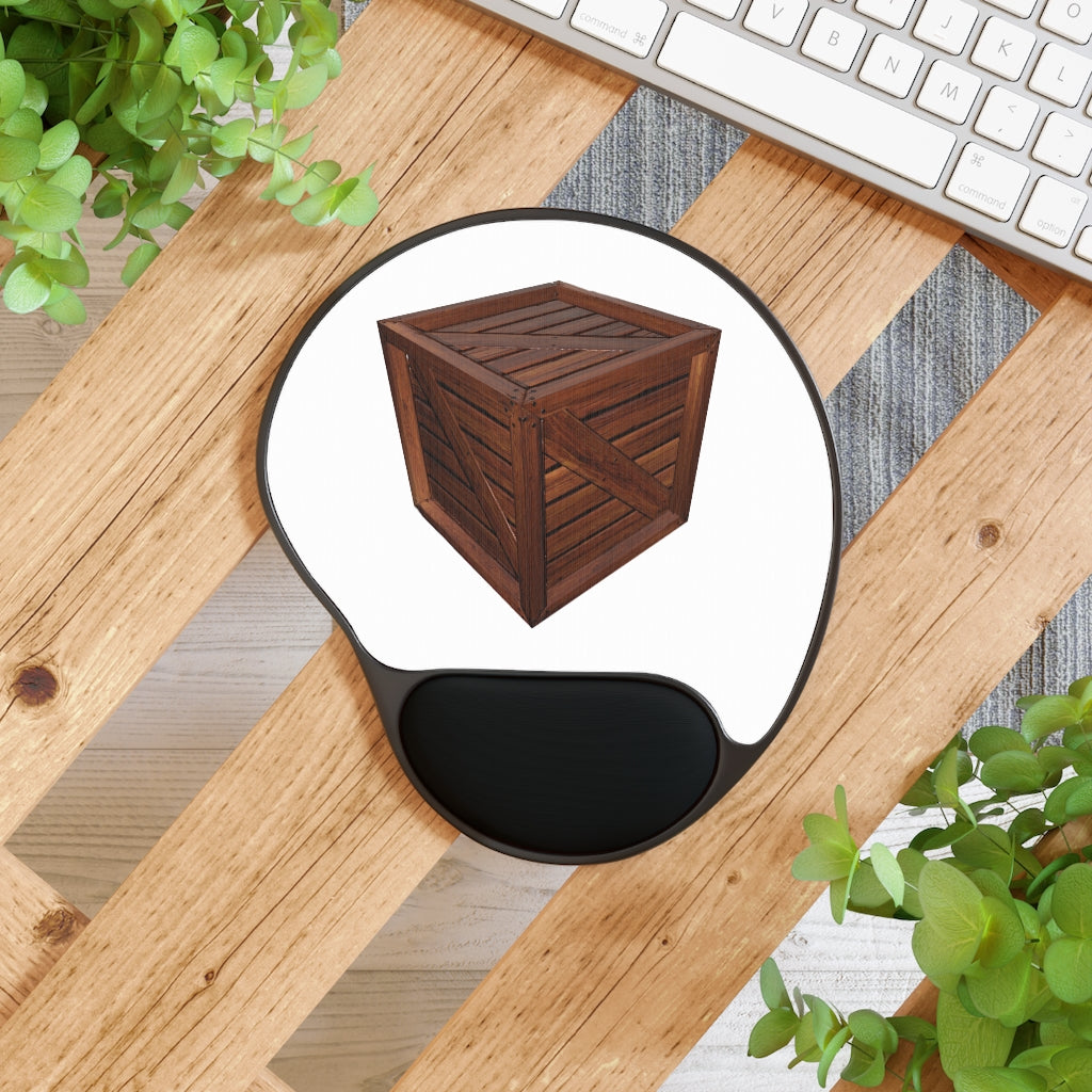 Crate Mouse Pad with ergonomic Memory Foam wrist rest and customizable neoprene insert, featuring a foot-shaped black plastic base.