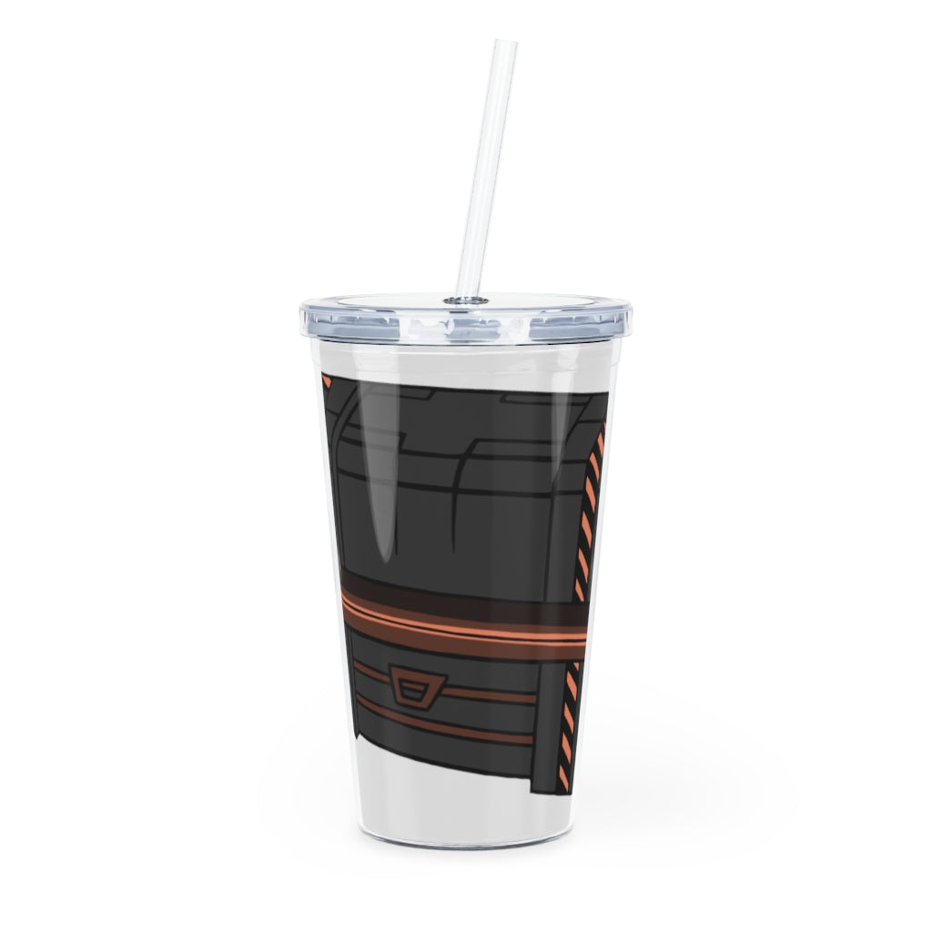 A colorful Crate Plastic Tumbler with Straw, showcasing a customizable design, perfect for parties and events.