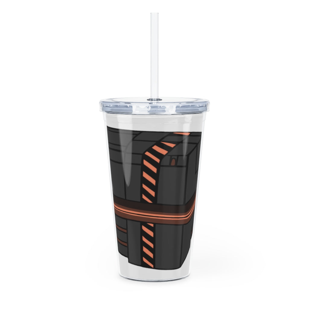 A colorful Crate Plastic Tumbler with Straw, showcasing a customizable design, perfect for parties and events.