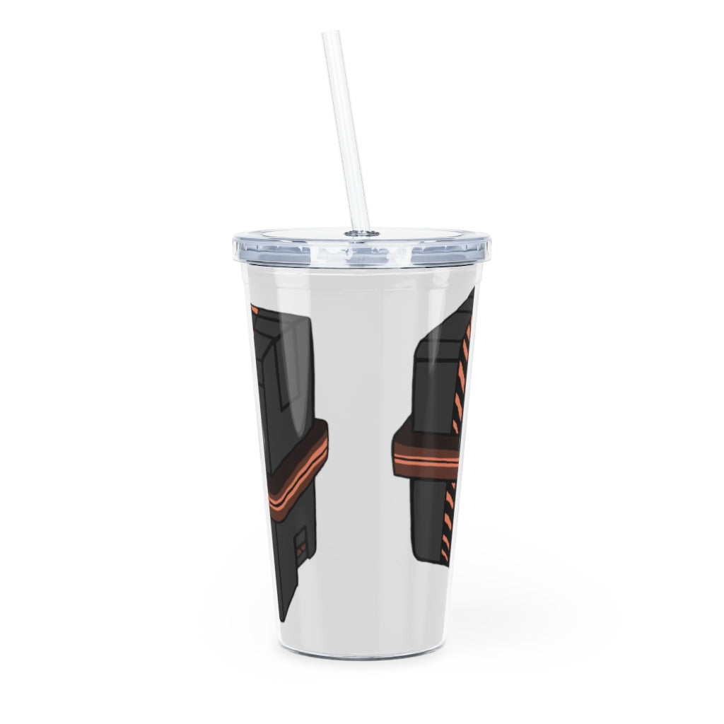 A colorful Crate Plastic Tumbler with Straw, showcasing a customizable design, perfect for parties and events.