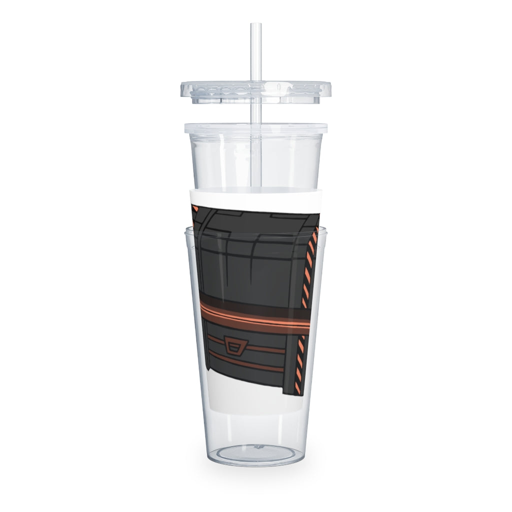 A colorful Crate Plastic Tumbler with Straw, showcasing a customizable design, perfect for parties and events.