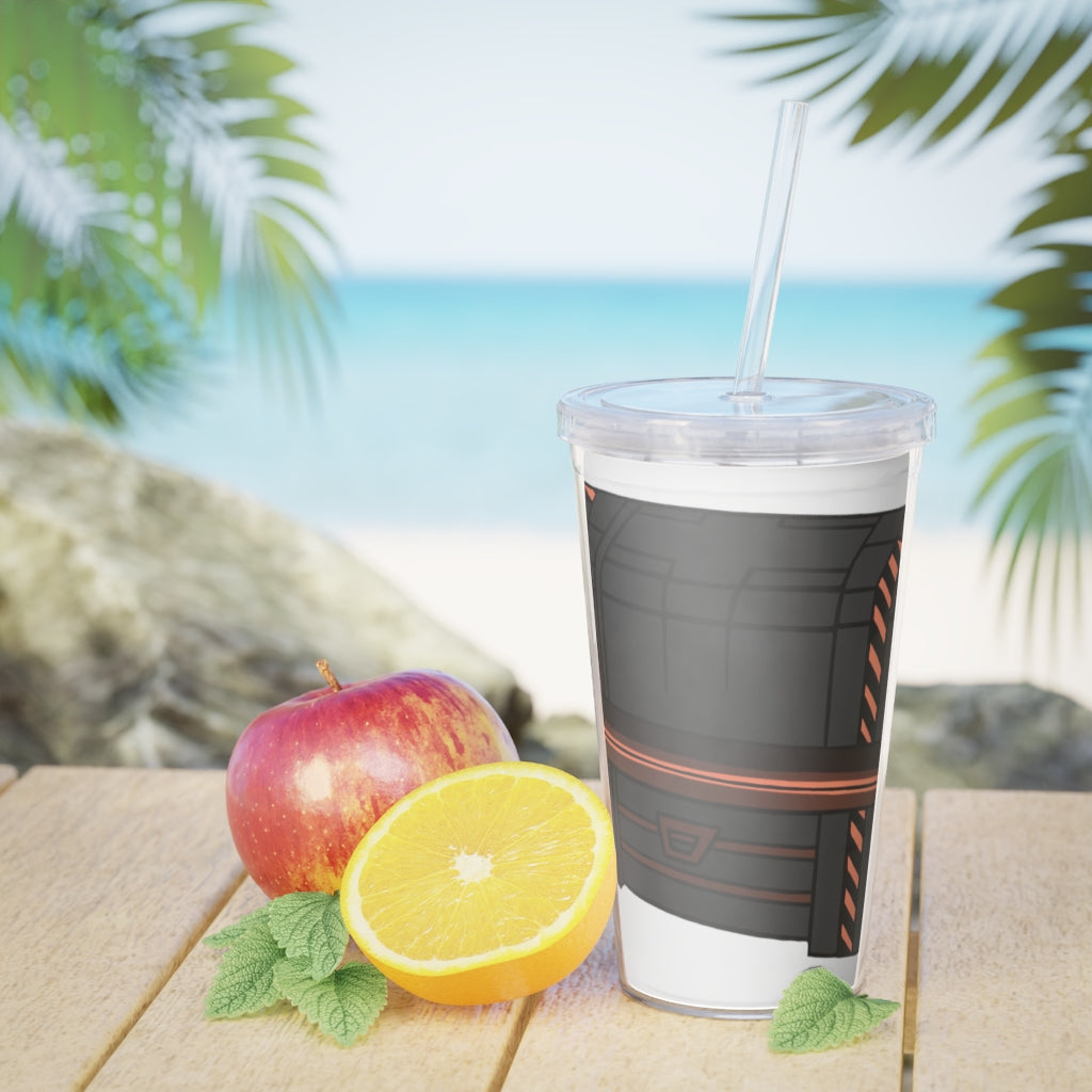 A colorful Crate Plastic Tumbler with Straw, showcasing a customizable design, perfect for parties and events.
