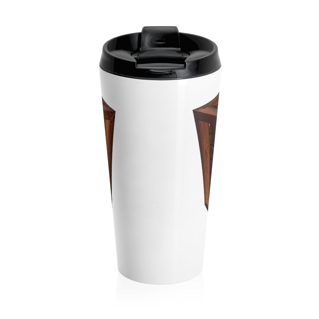 Crate Stainless Steel Travel Mug with black plastic lid, showcasing a sleek design and vibrant sublimation printing.