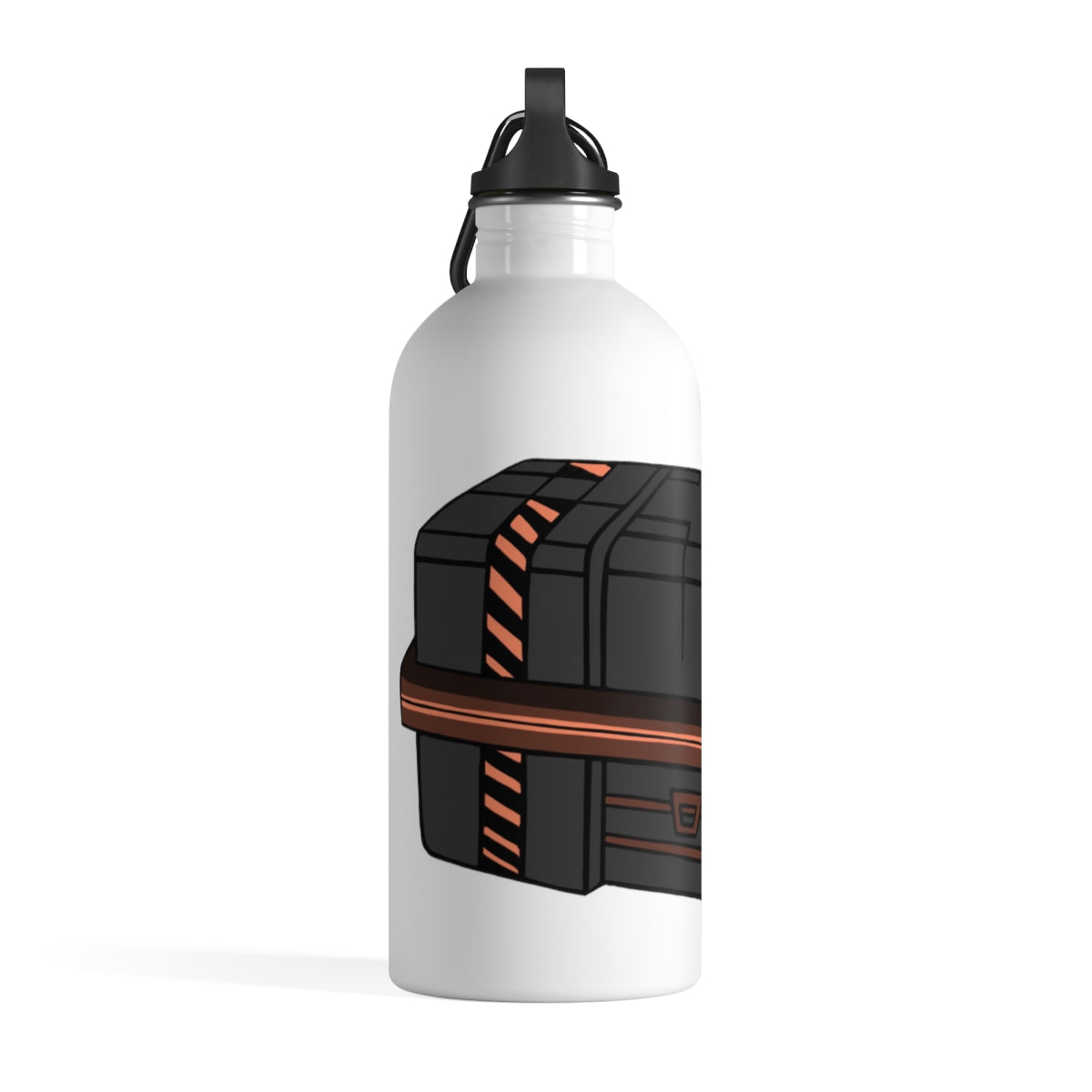 Crate Stainless Steel Water Bottle with a plastic screw top and carabiner, showcasing its sleek design and lightweight construction.
