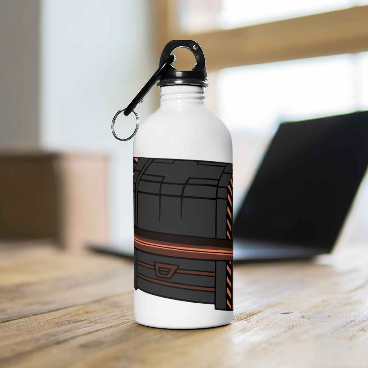 Crate Stainless Steel Water Bottle with a plastic screw top and carabiner, showcasing its sleek design and lightweight construction.