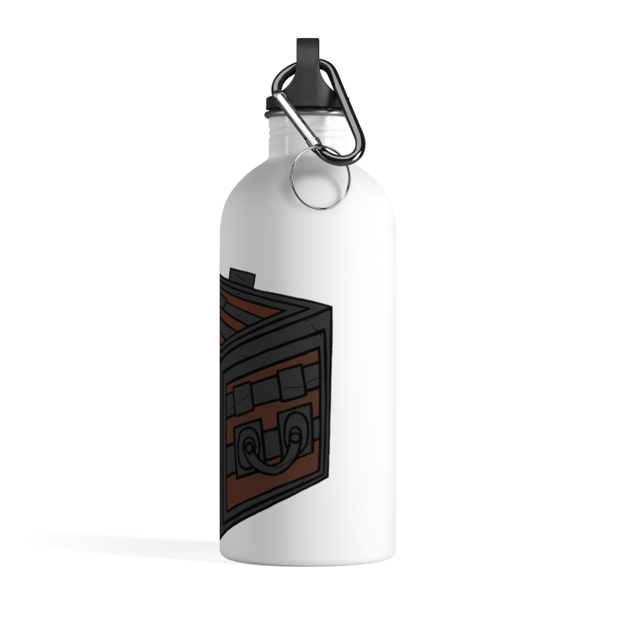 Crate Stainless Steel Water Bottle with plastic screw top and carabiner, showcasing its sleek design and practical features.