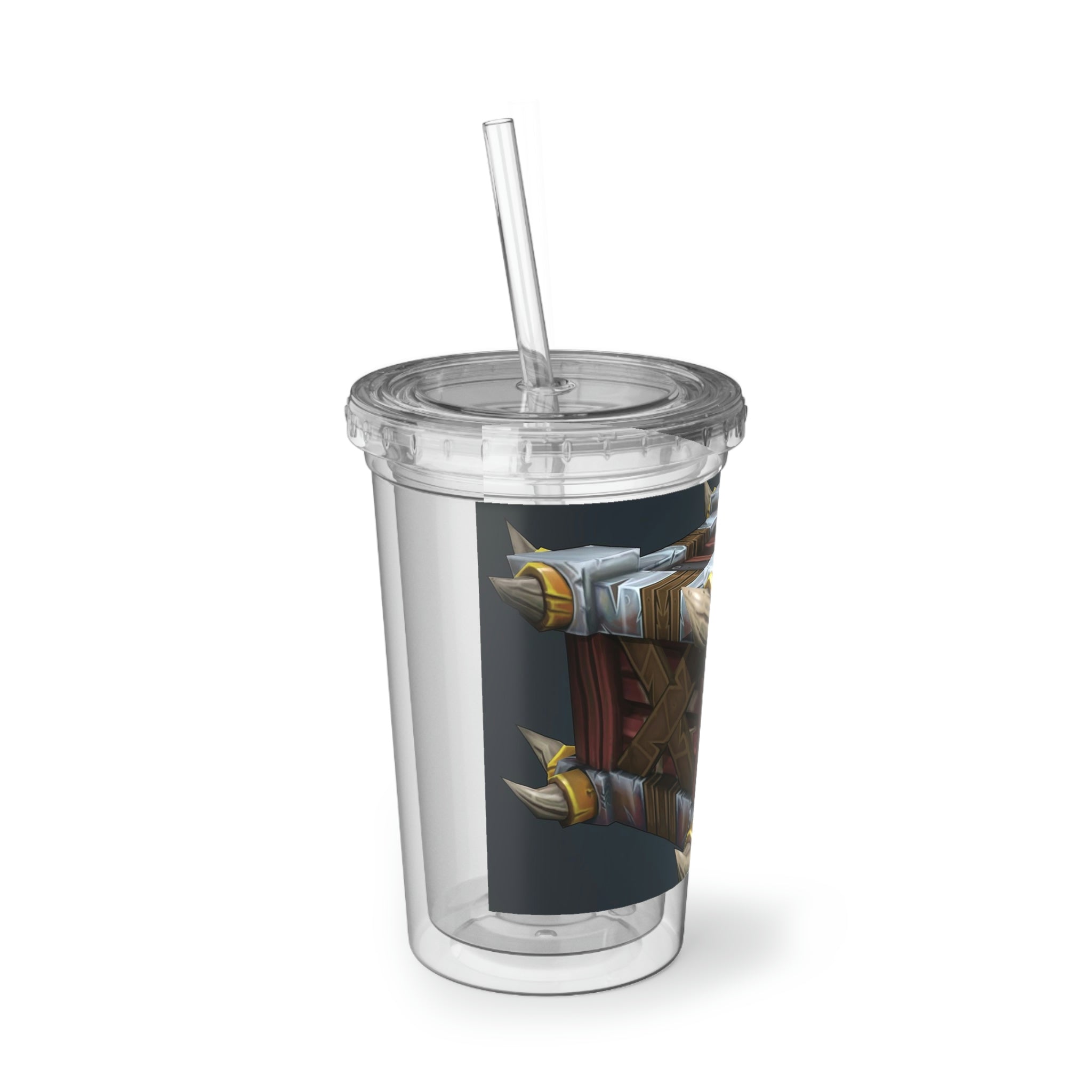 Crate Suave Acrylic Cup with vibrant artwork, double-wall insulation, and a plastic lid and straw, perfect for hot and cold beverages.