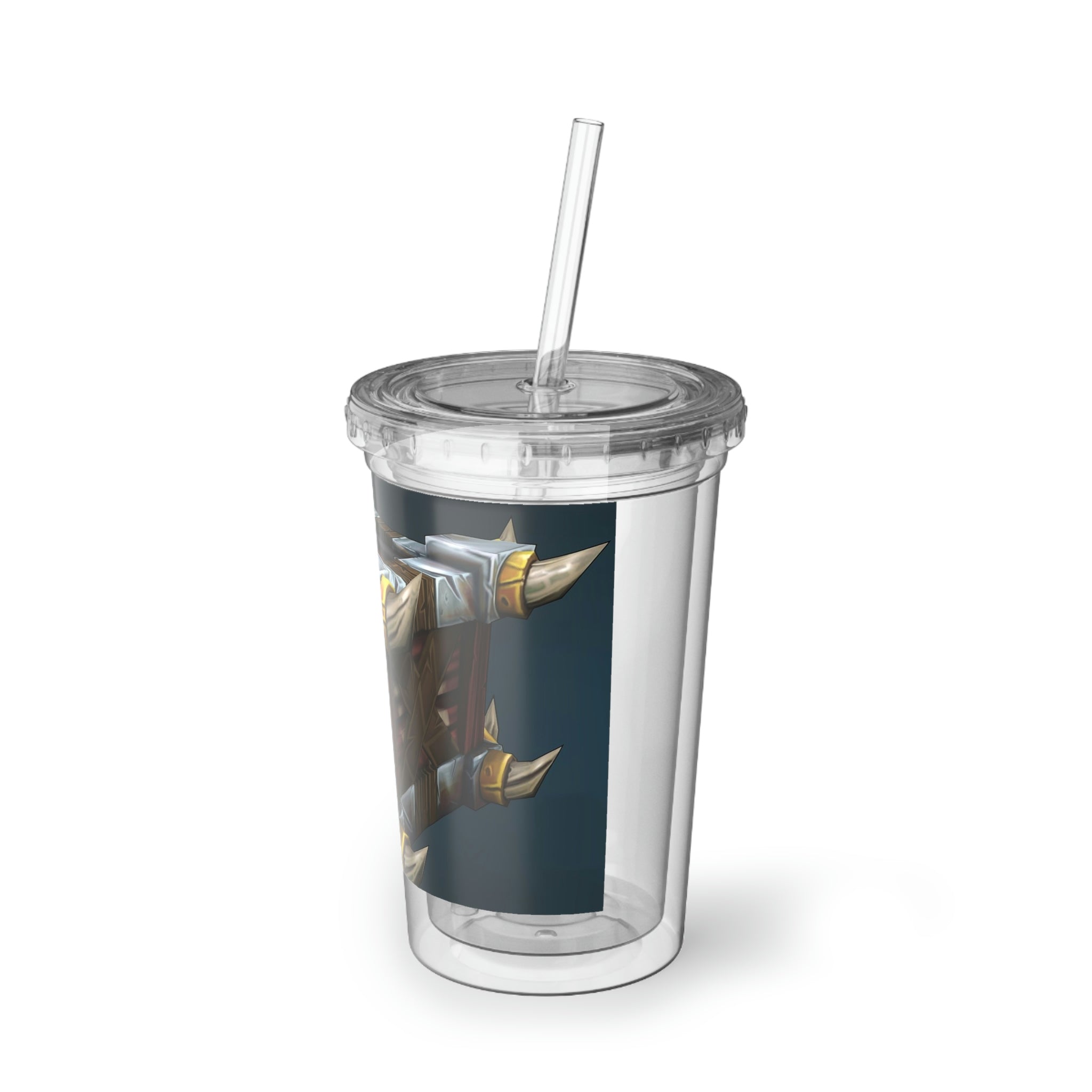 Crate Suave Acrylic Cup with vibrant artwork, double-wall insulation, and a plastic lid and straw, perfect for hot and cold beverages.