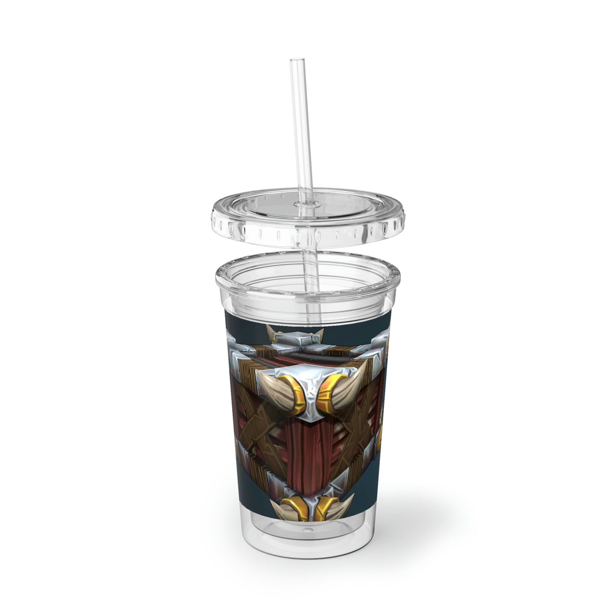 Crate Suave Acrylic Cup with vibrant artwork, double-wall insulation, and a plastic lid and straw, perfect for hot and cold beverages.
