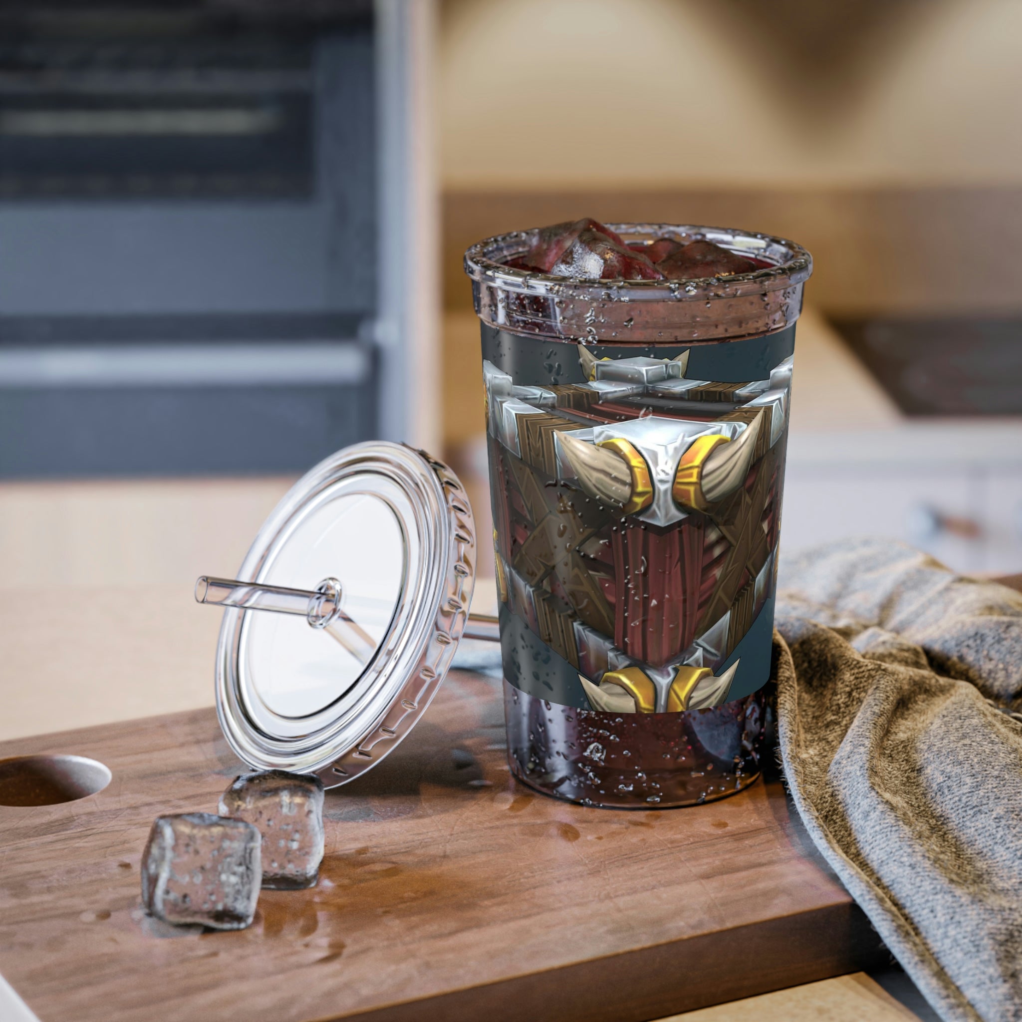 Crate Suave Acrylic Cup with vibrant artwork, double-wall insulation, and a plastic lid and straw, perfect for hot and cold beverages.