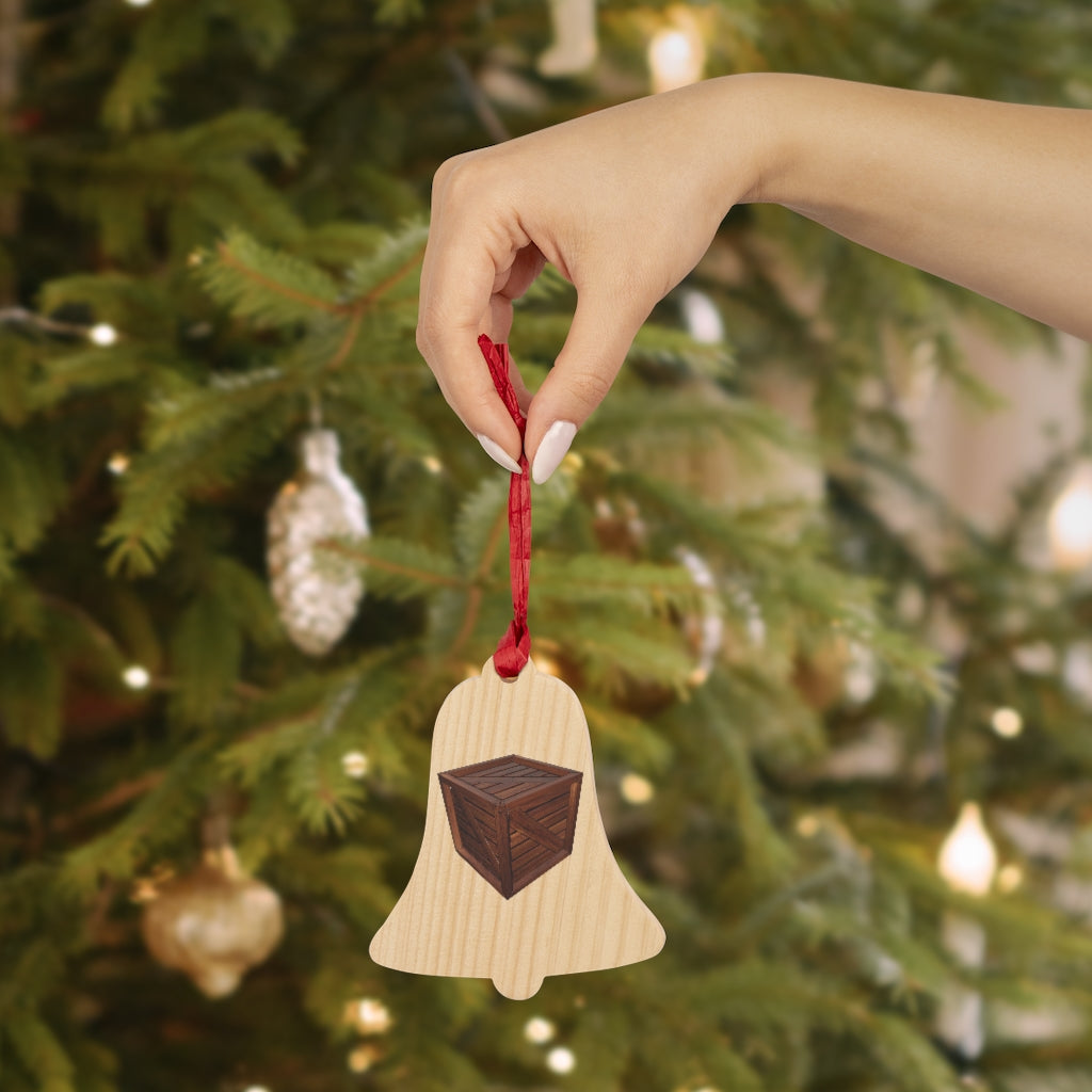 A collection of Crate Wooden Christmas Ornaments in various whimsical shapes, featuring a rustic wood finish and red ribbons for hanging.