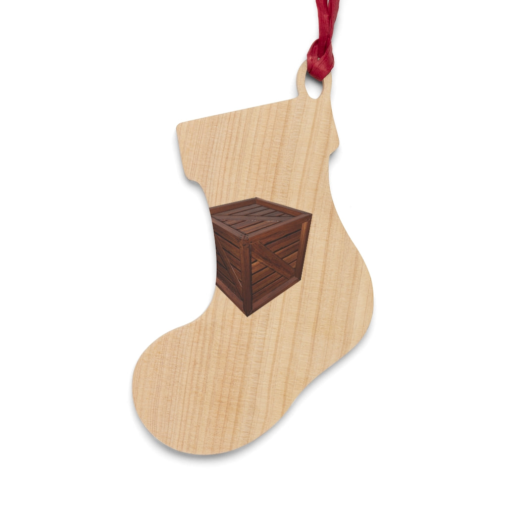 A collection of Crate Wooden Christmas Ornaments in various whimsical shapes, featuring a rustic wood finish and red ribbons for hanging.