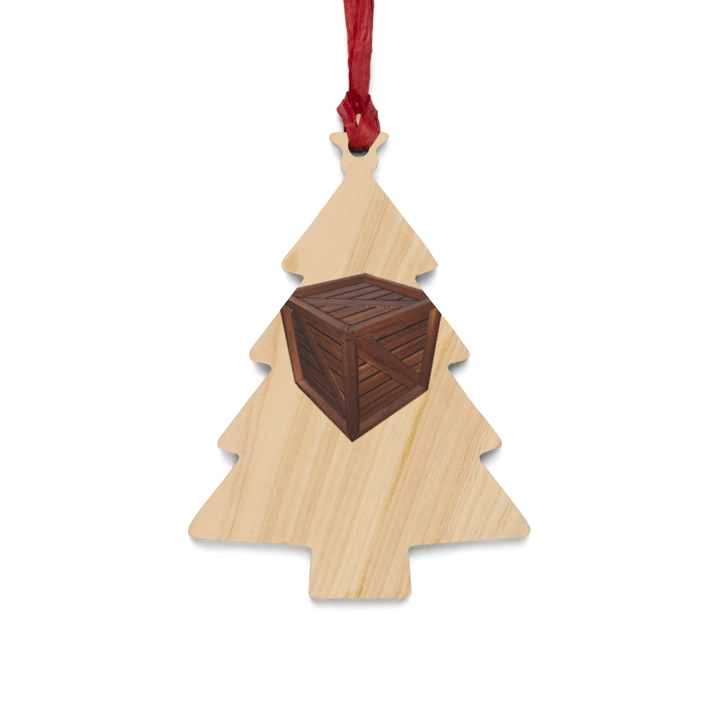 A collection of Crate Wooden Christmas Ornaments in various whimsical shapes, featuring a rustic wood finish and red ribbons for hanging.