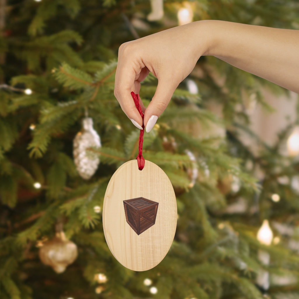 A collection of Crate Wooden Christmas Ornaments in various whimsical shapes, featuring a rustic wood finish and red ribbons for hanging.